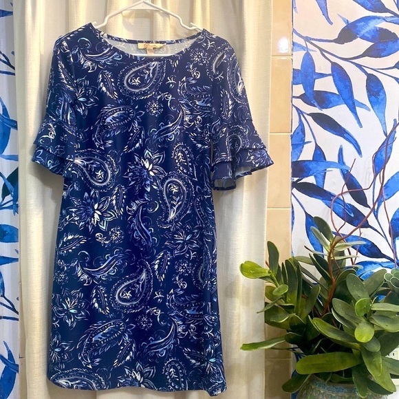 NWOT Women’s Aretha Nylon & Spandex Blue Paisley Ruffle Sleeve Dress Size Small - Picture 1 of 8